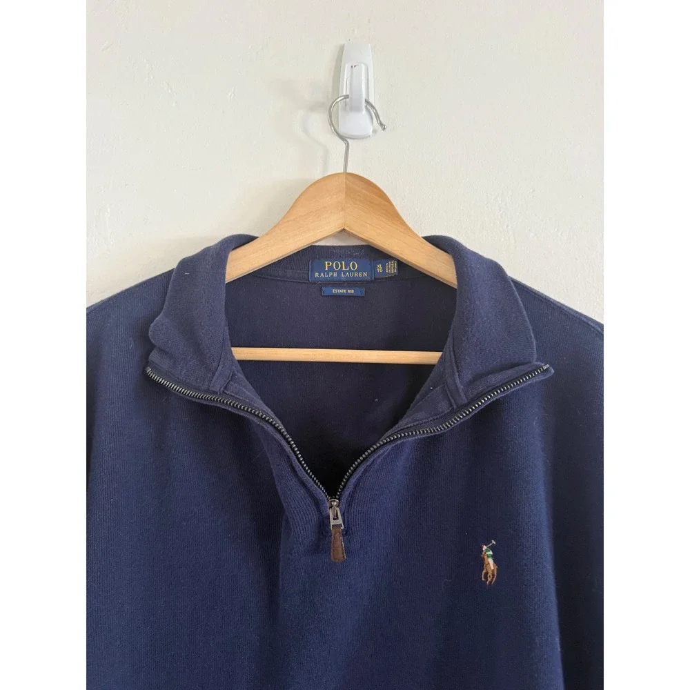 Polo Ralph Lauren Mens XL Navy Blue Estate Rib Quarter Zip Flesh Pony Cotton Top